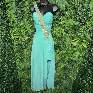 Bibian Women Dress XS Aqua Blue Hi Low Layered Hem Pleated Stoned Wedding‎ 1105